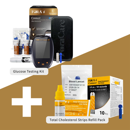 FORA 6 Connect Glucose & Total Cholesterol Testing Kit - 50 Glucose Strips & 10 Total Cholesterol Strips