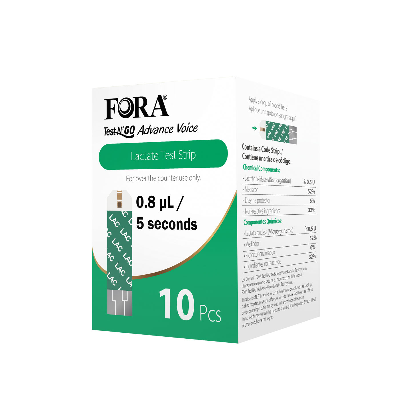 FORA Blood Lactate Test Strips (10pcs/box, Compatible with FORA Test N'Go Advance Voice Meter)