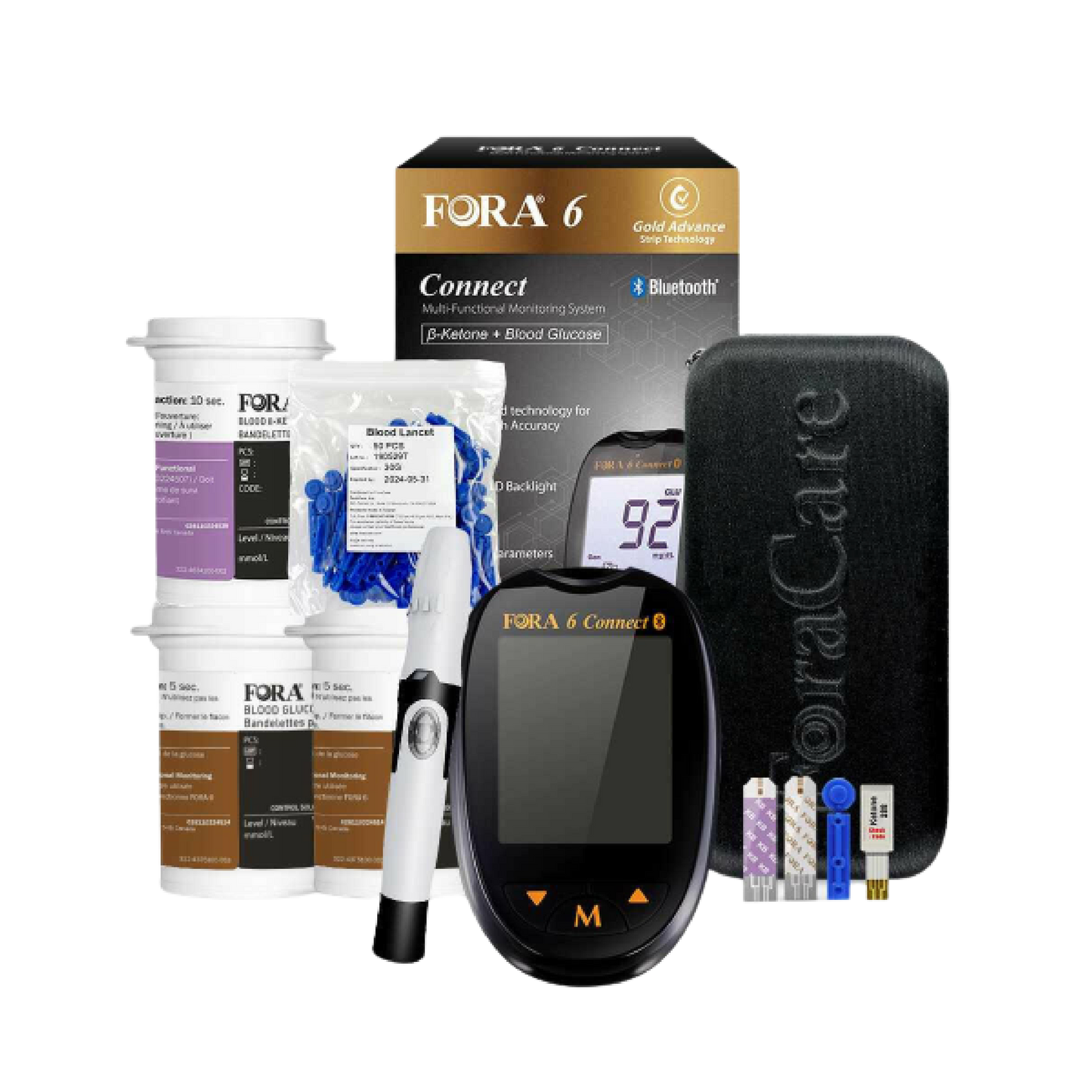 FORA 6 Connect Glucose & Ketone Kit - 50 Glucose (2x25) & 50 Ketone Strips, 50 lancets