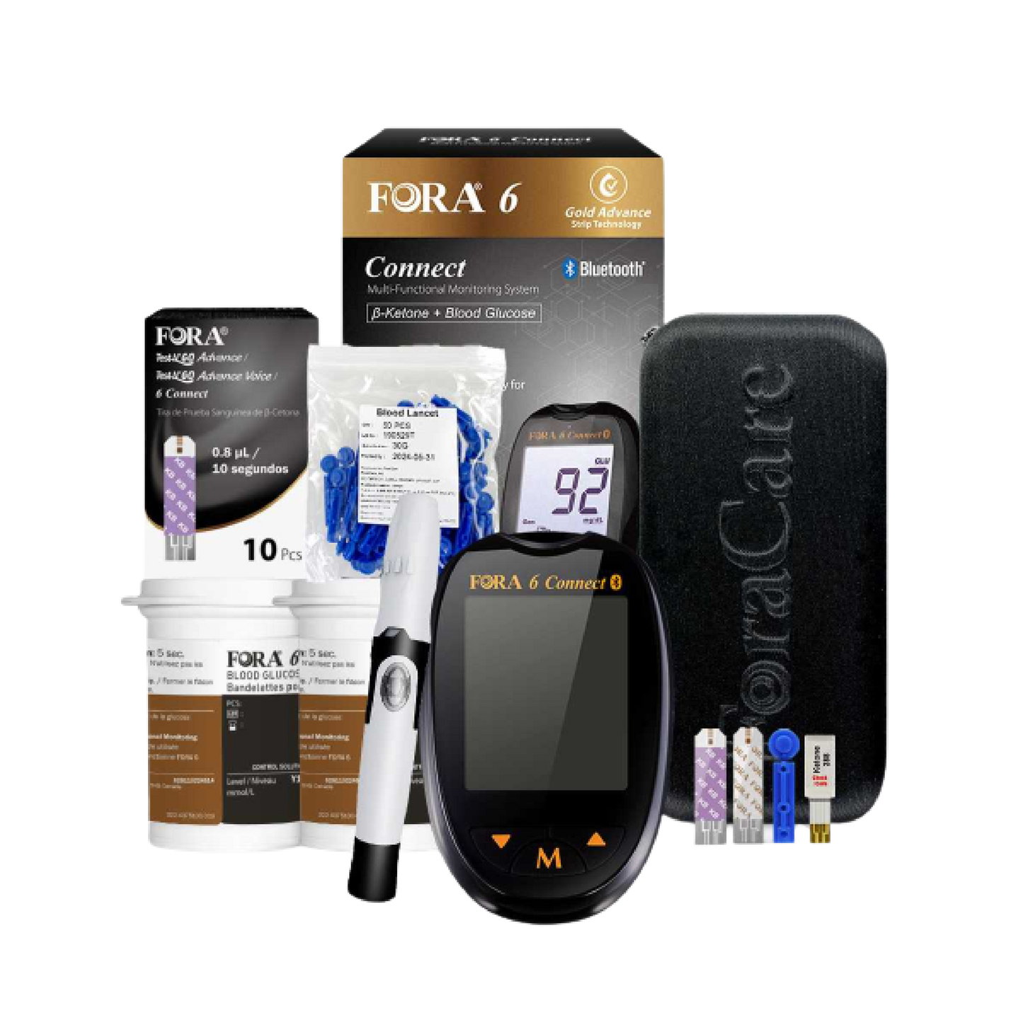 FORA 6 Connect Glucose & Ketone Kit - 50 Glucose (2x25) & 10 Ketone Strips, 50 lancets