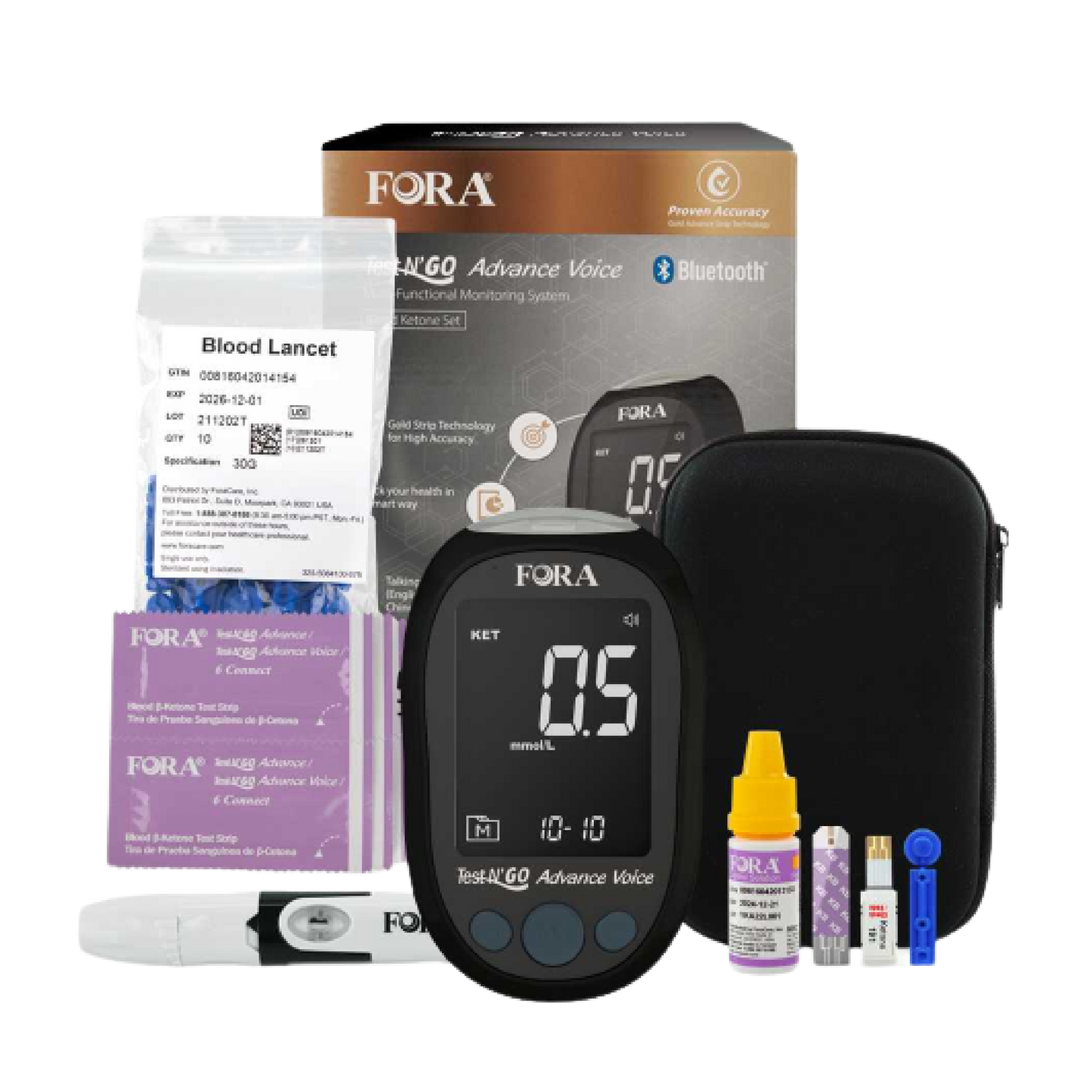 (2023 New!) FORA Test N'GO Advance Voice Blood Ketone Testing Kit-10 KETONE Strips(10pcs/box)+10 Lancets