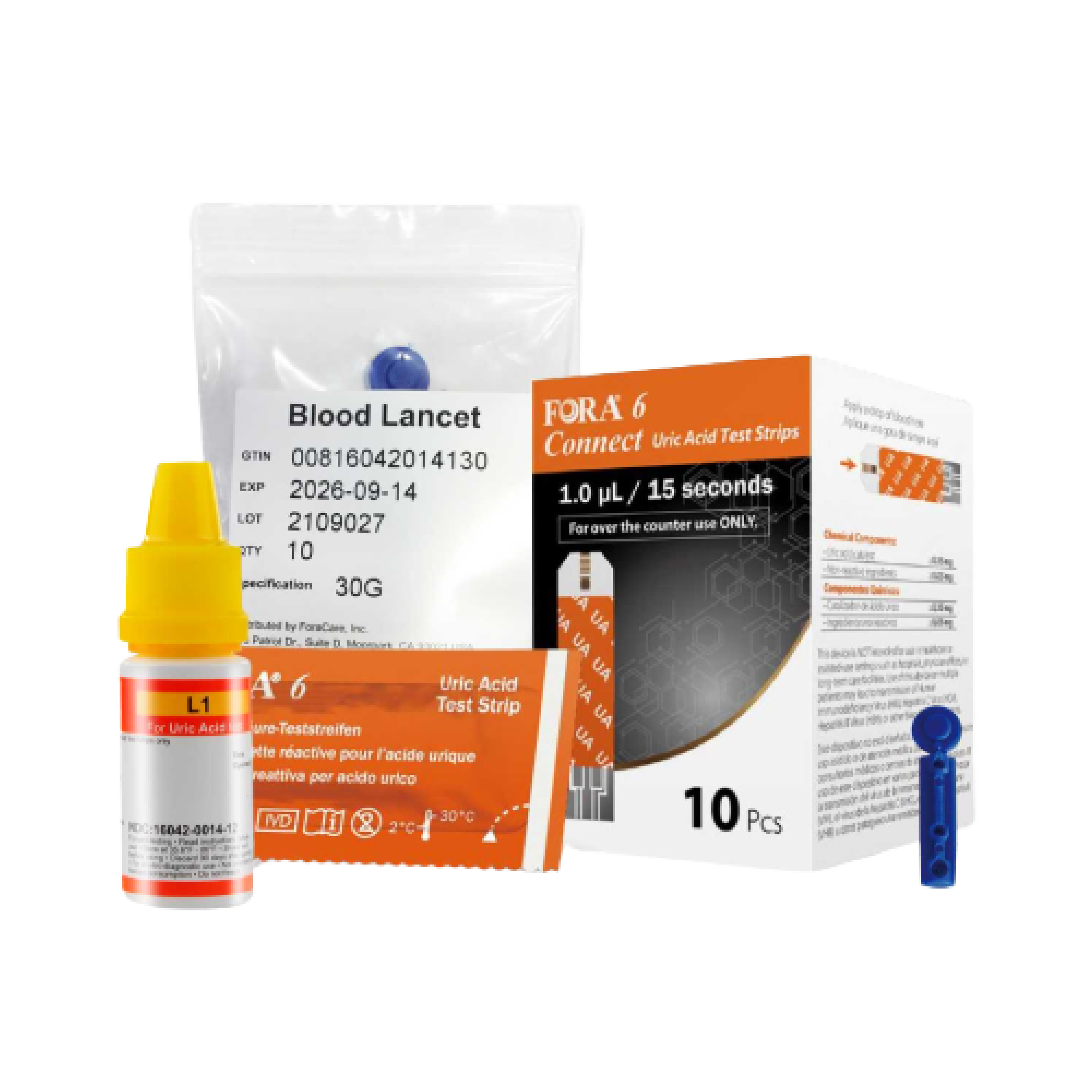 FORA Uric Acid Pro Refill Pack: 10 UricAcid Strips, 10 Lancets