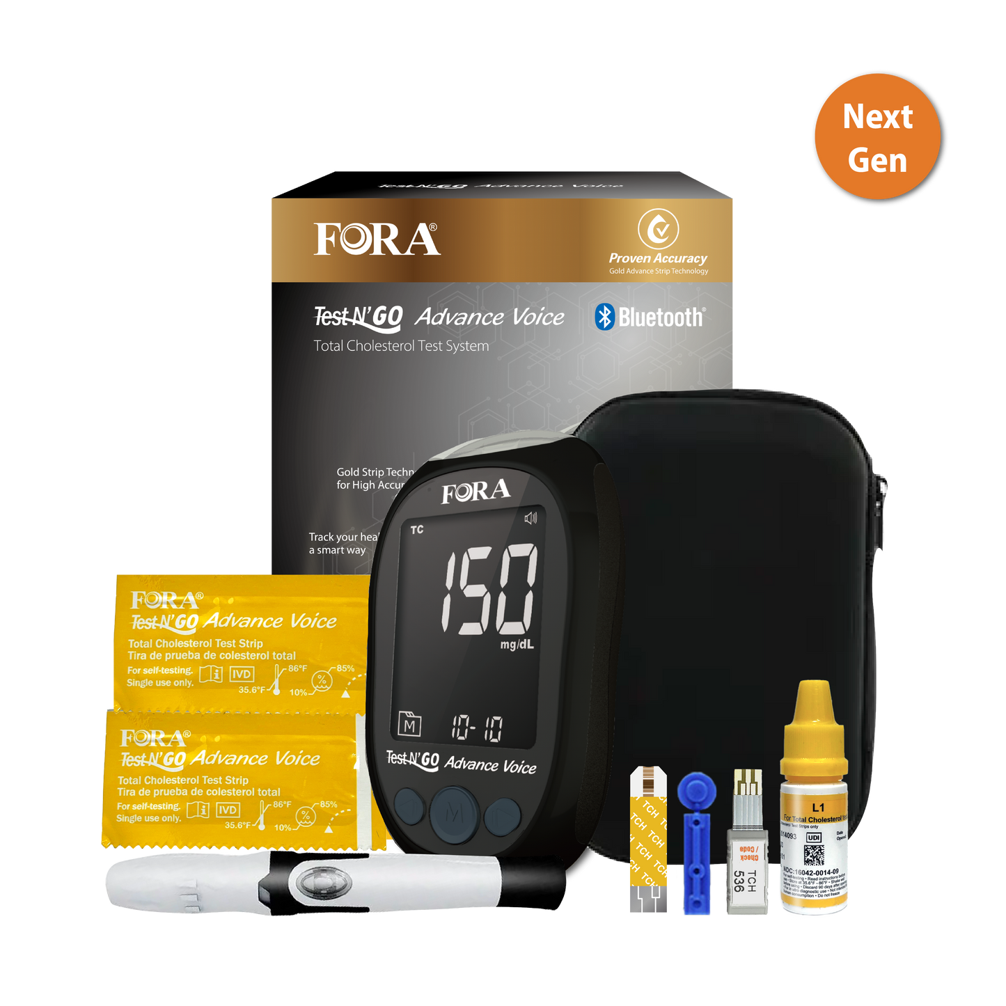 【Next-Gen】 FORA Test N'Go Advance Voice｜Total Cholesterol Testing Kit (10 Total Cholesterol Strips, 10 Lancets)