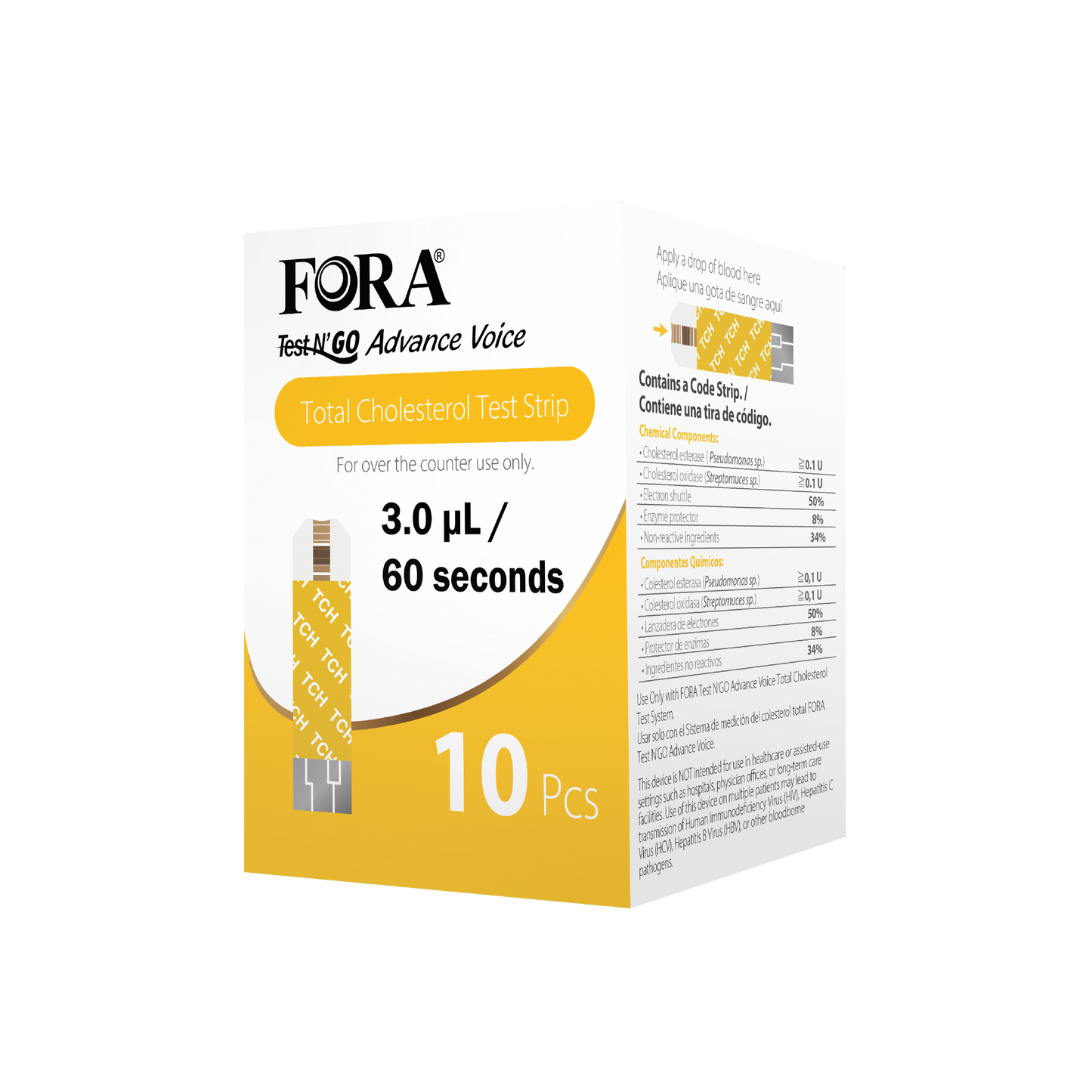 FORA Blood Total Cholesterol Test Strips (10pcs/box, Compatible with FORA Test N'Go Advance Voice Meter)