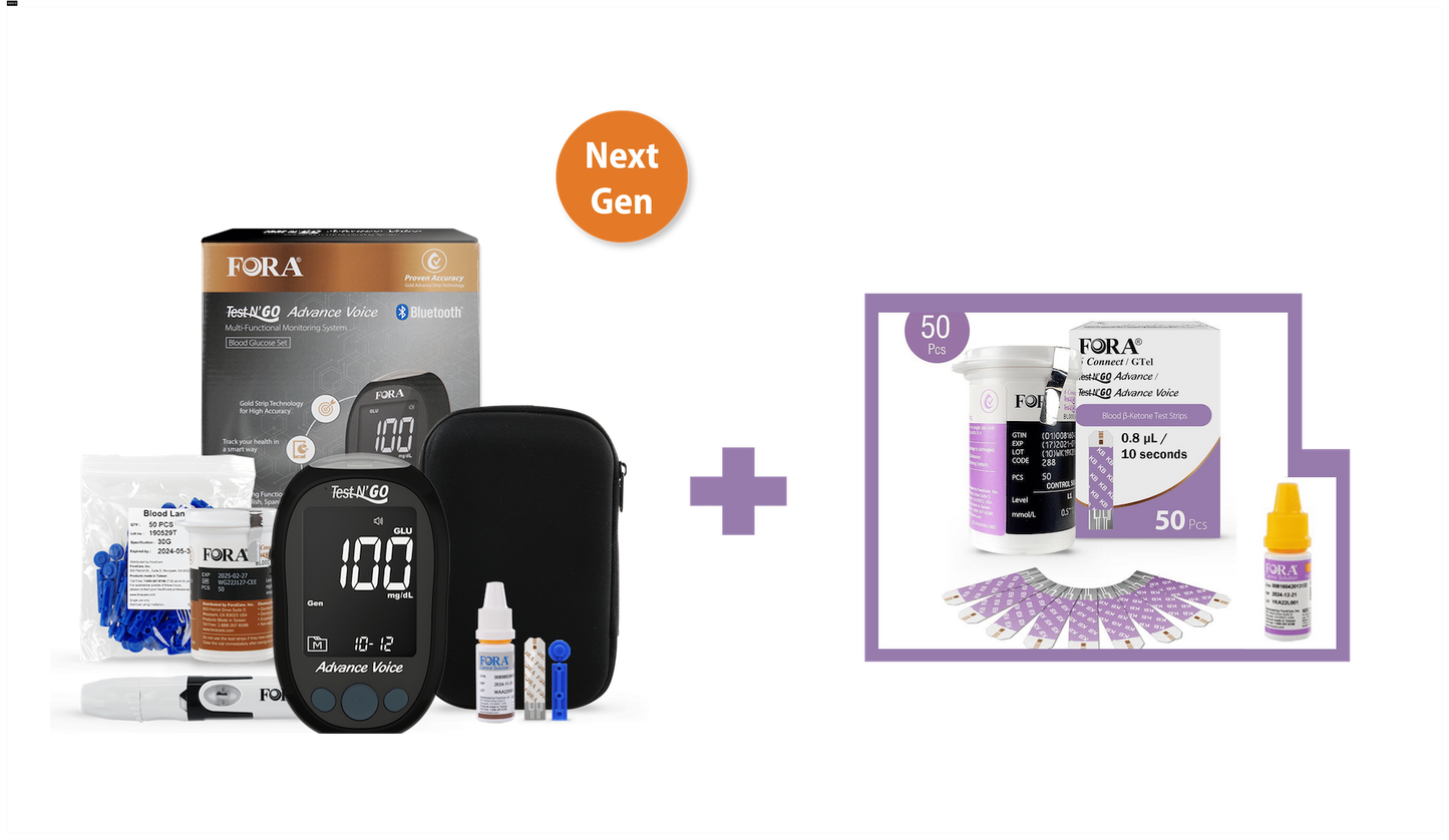 【Next-Gen】FORA Test N'GO Advance Voice Kit - Blood Glucose & Ketone Kit with 50 Glucose & 50 Ketone Strips, 100 Lancets, Control Solution