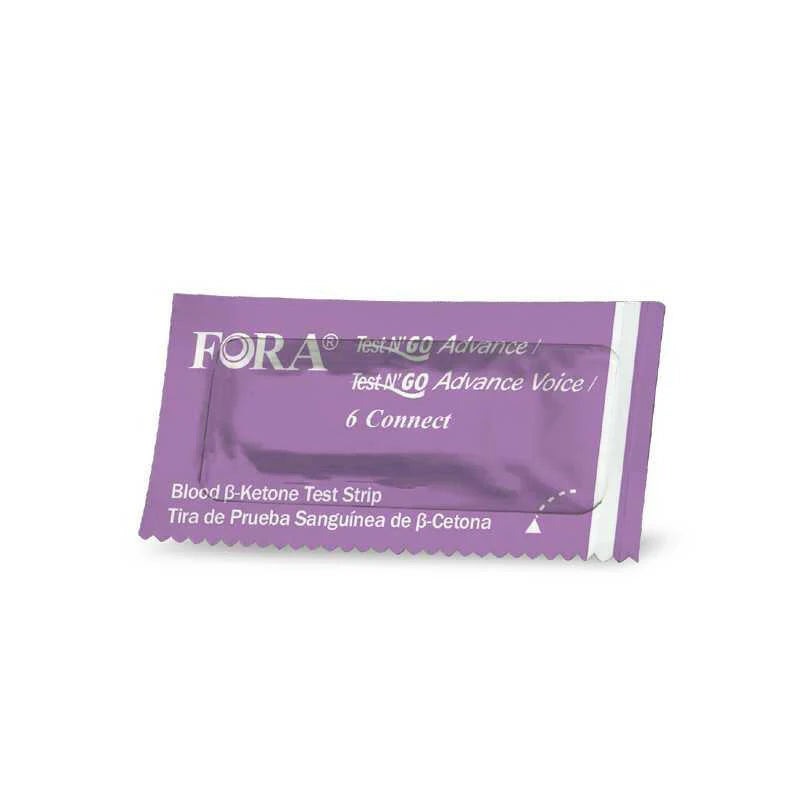 Single foil pack of FORA blood β-ketone test strip — compatible with Test N'GO Advance and Advance Voice meters for accurate ketone measurement
