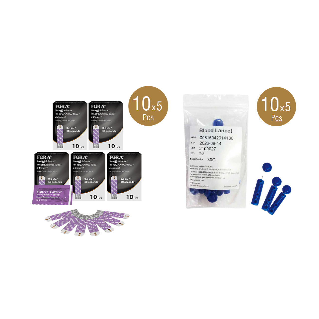 FORA blood ketone test strips and blood lancets pack, 10 pieces each, for Test N’GO Advance series meters