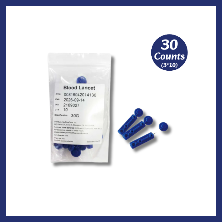 Package of FORA 30G blood lancets — actual shipment includes 3 packs of 10 lancets each, total 30 counts