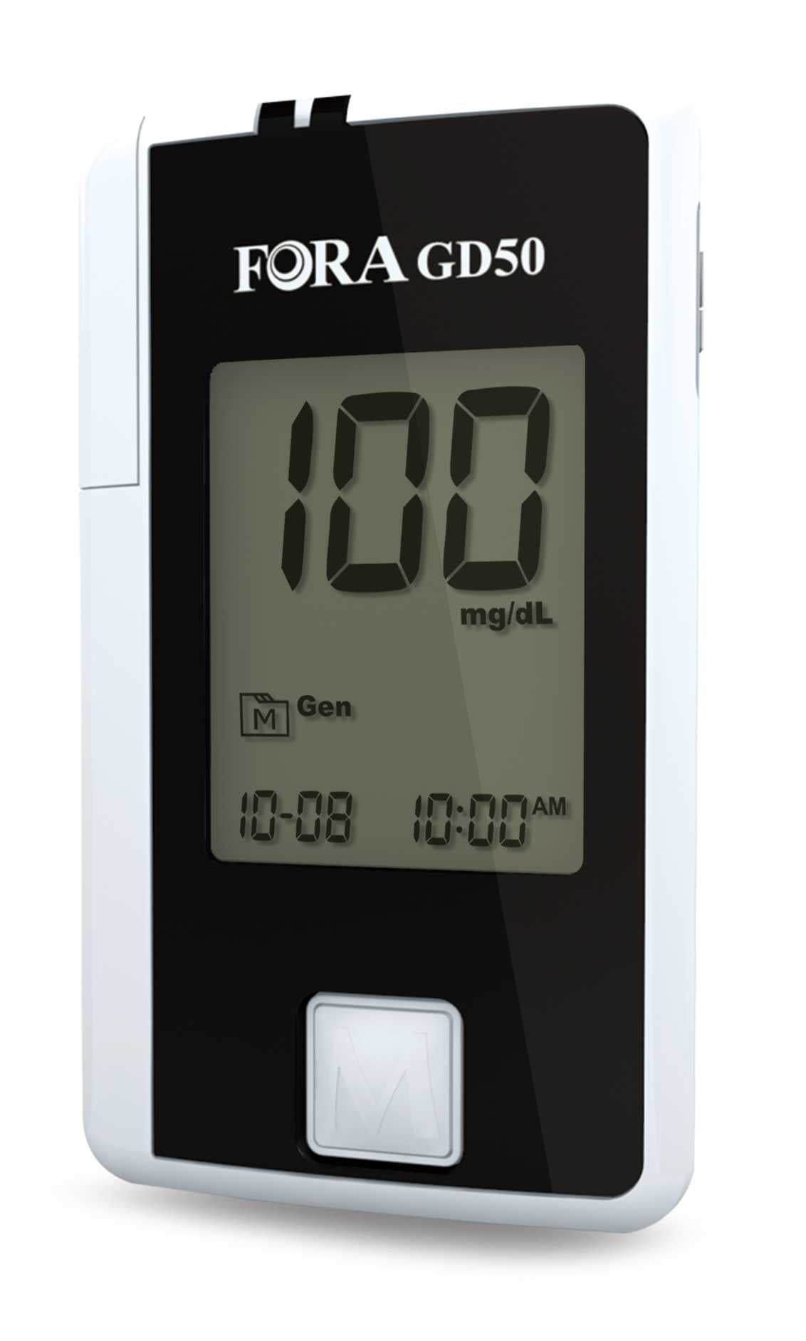 FORA GD50 blood glucose meter showing a reading of 100 mg/dL (WellCell exclusive model)