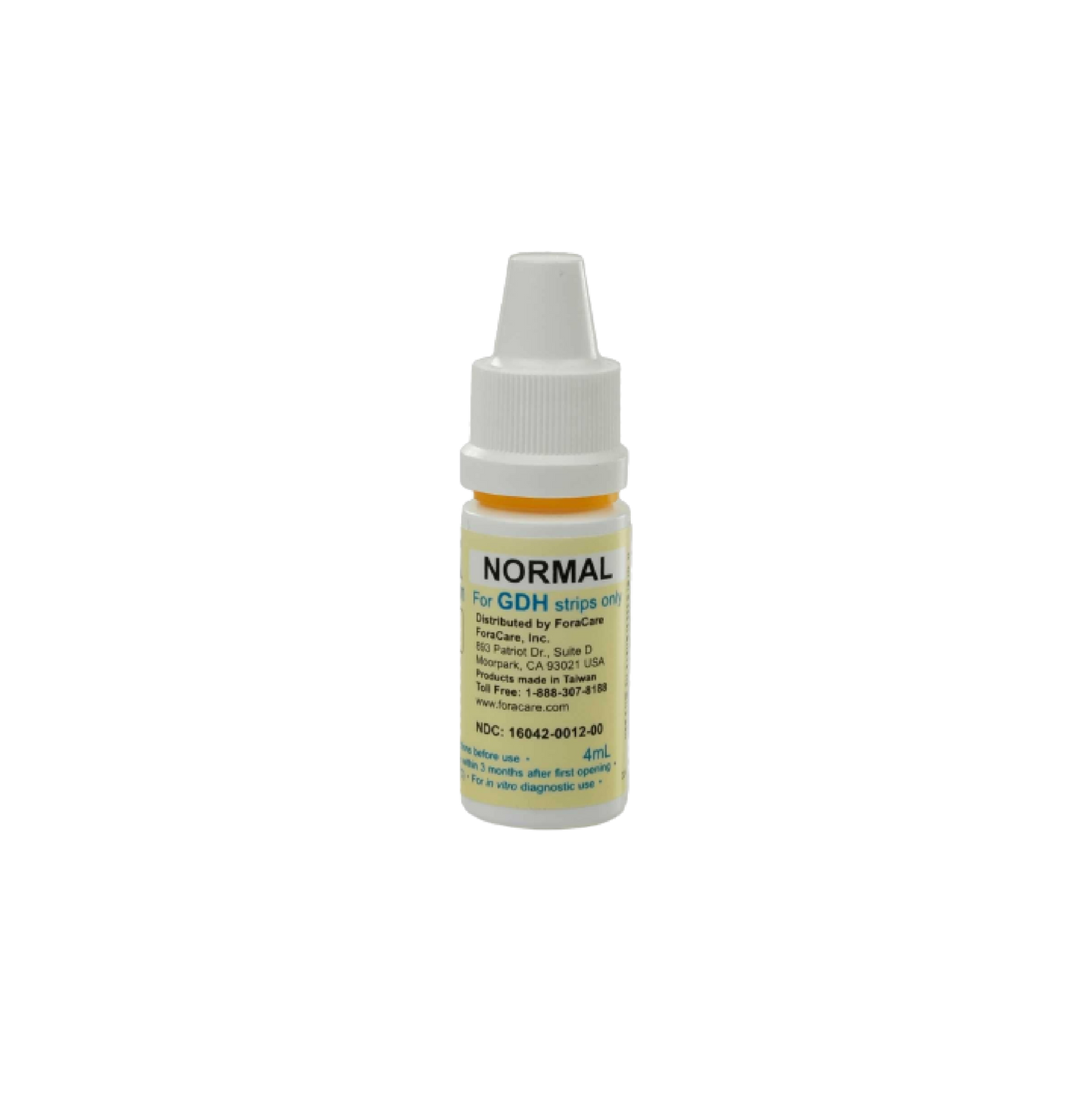 FORA GDH Enzyme Glucose Control Solution, Normal range, 4 mL bottle with white cap, for use with compatible FORA glucose meters and GDH test strips.