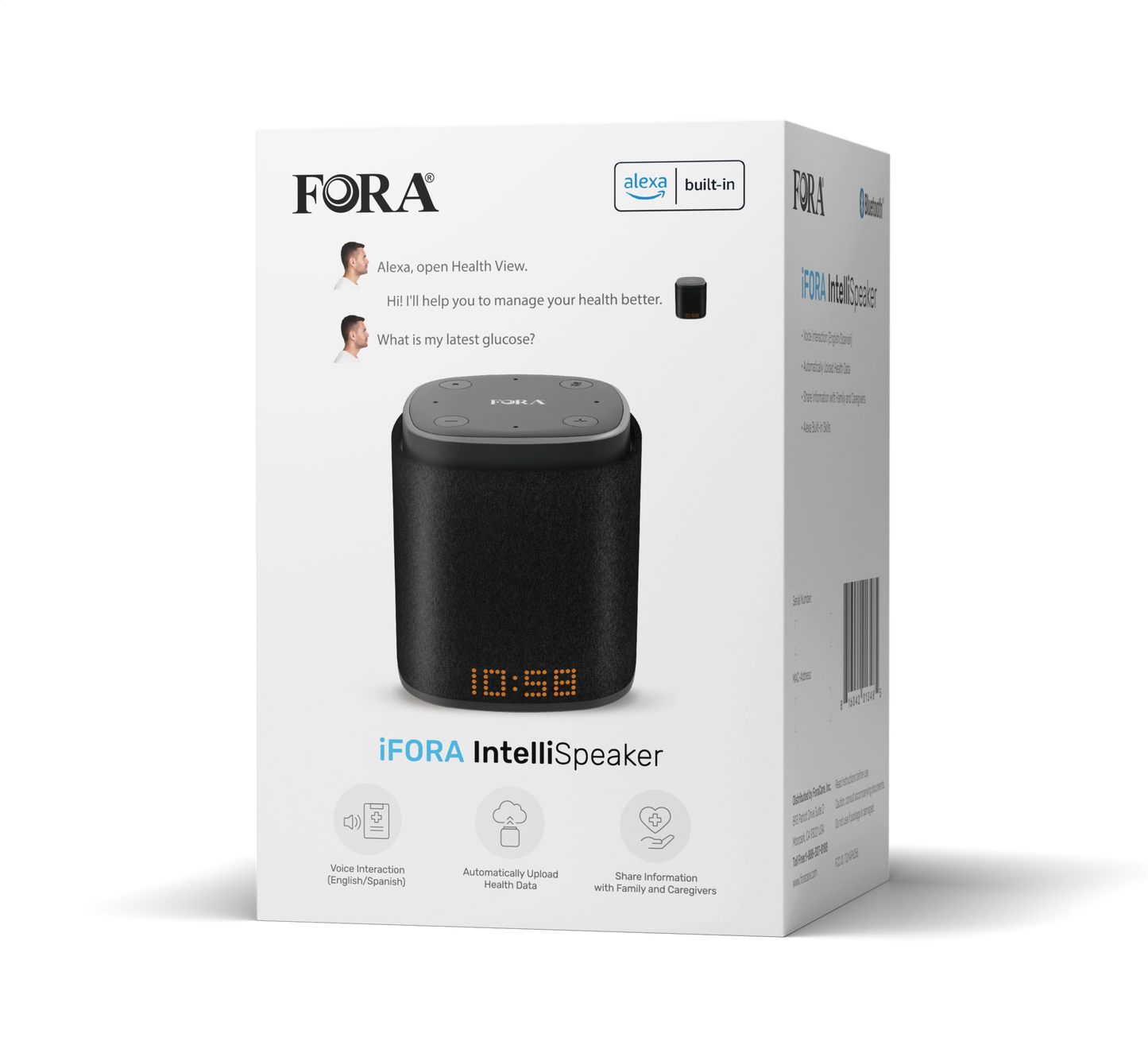 FORA IntelliSpeaker retail box showing Alexa built-in, voice interaction, health data upload, and family sharing features