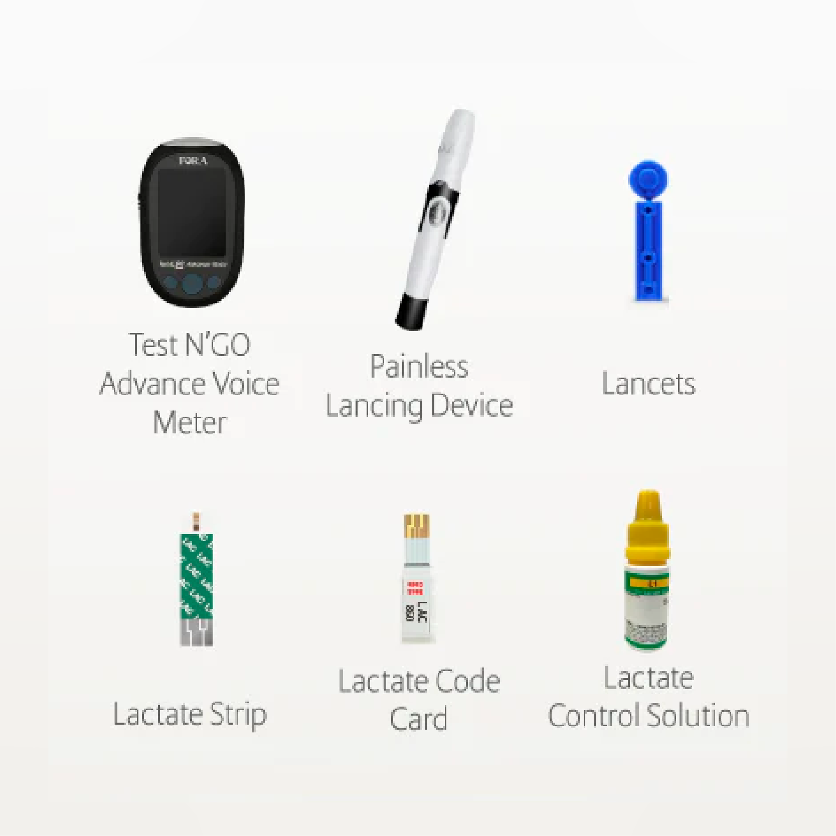 FORA Test N’GO Advance Voice Lactate Kit – Package Contents: lactate meter, painless lancing device, lancets, lactate test strips, lactate code card, and lactate control solution