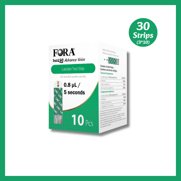 FORA Test N’GO Advance Voice Lactate Test Strips – image shows 1 box, package contains 3 boxes (10 pcs per box), 0.8 μL sample volume, 5-second test time, includes code strip