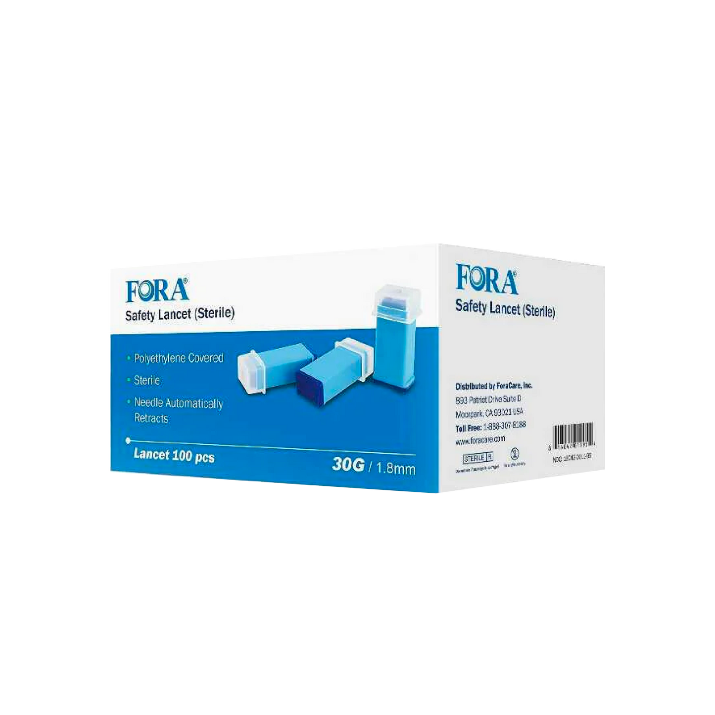 FORA Safety Lancet (Sterile) 30G 1.8mm, 100 pcs box packaging, featuring polyethylene cover, sterile design, and automatic needle retraction for safe blood sampling.