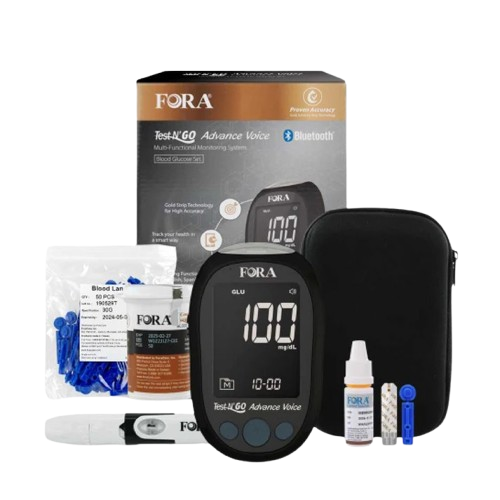 FORA Test N’GO Advance Voice blood glucose monitoring kit with meter, test strips, lancets, lancing device, control solution, and carrying case