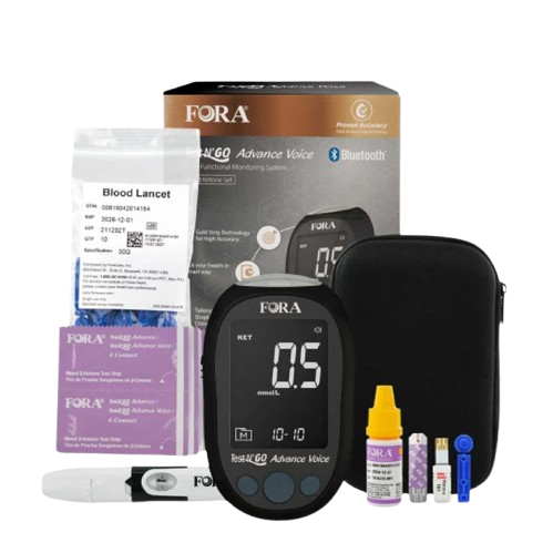 FORA Test N’GO Advance Voice Ketone Kit for ketogenic diet and fasting, includes Bluetooth meter, 10 strips, lancets, and case