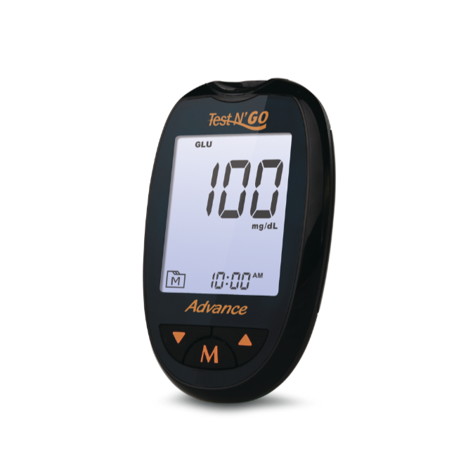 FORA Test N'GO Advance Blood Glucose Meter only — compact, portable design with Bluetooth, gold strip technology, and three testing modes