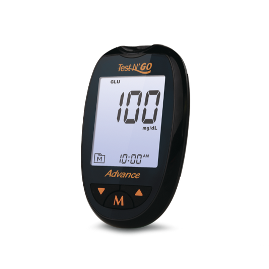 FORA Test N'GO Advance Blood Glucose Meter only — compact, portable design with Bluetooth, gold strip technology, and three testing modes