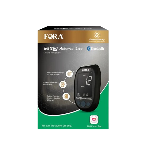 Temporary image of FORA Test N’GO Advance Voice Lactate Kit box, showing sealed packaging with expired lactate strips inside and 10 fresh replacement strips provided separately