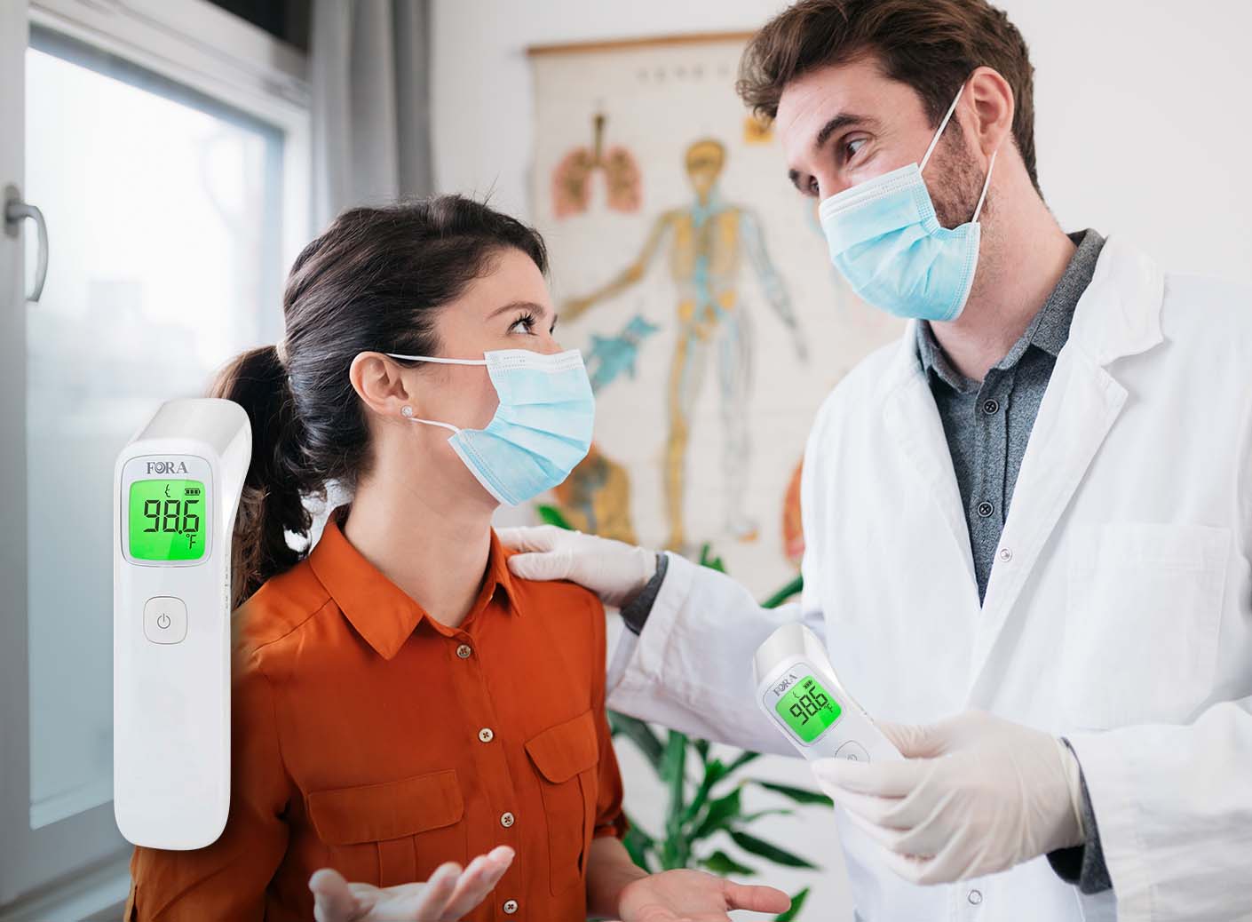 Doctor using a FORA forehead thermometer to check a masked patient’s temperature during a health consultation