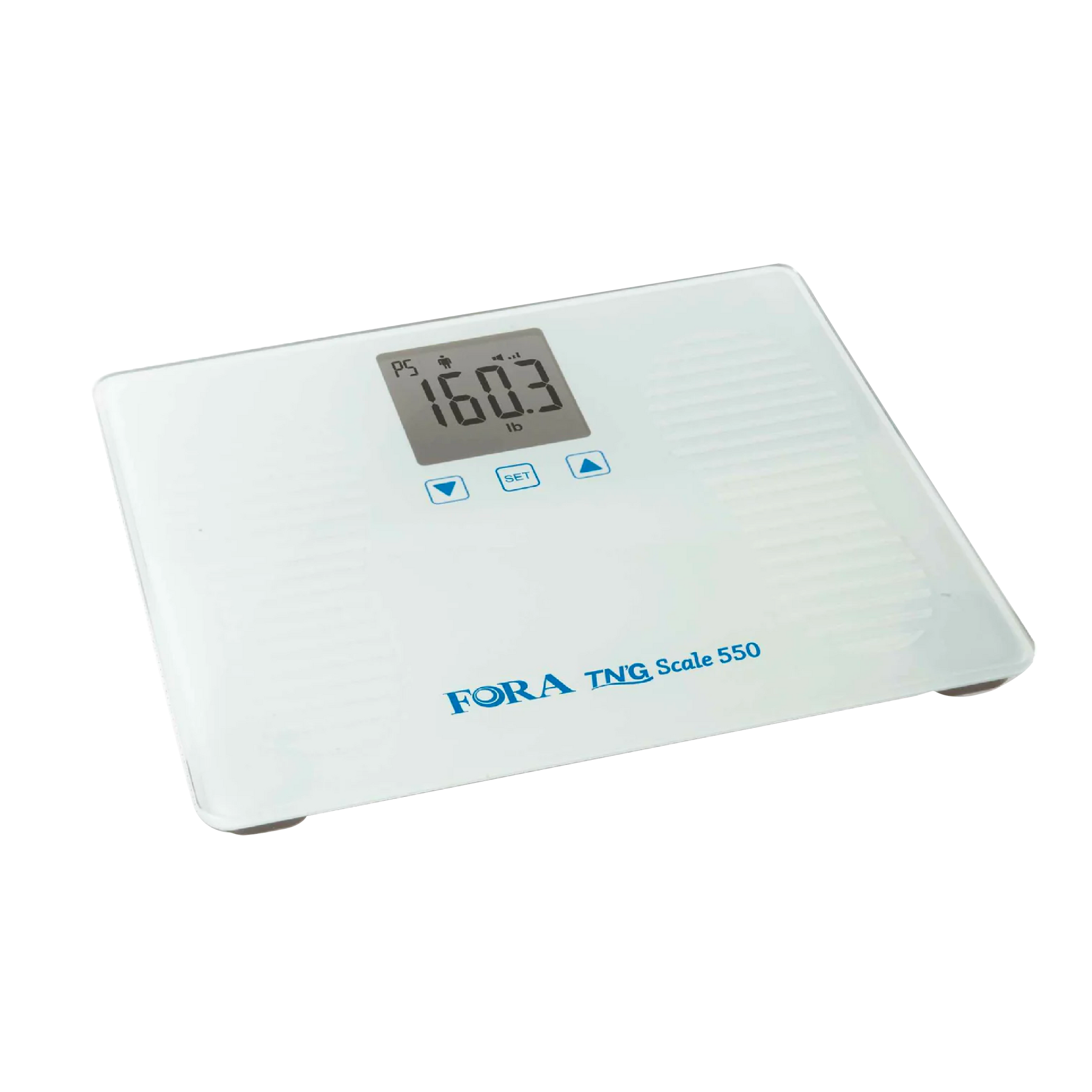 FORA TN'G Scale 550 Bluetooth digital bathroom scale, 550 lb capacity, white platform with LCD display