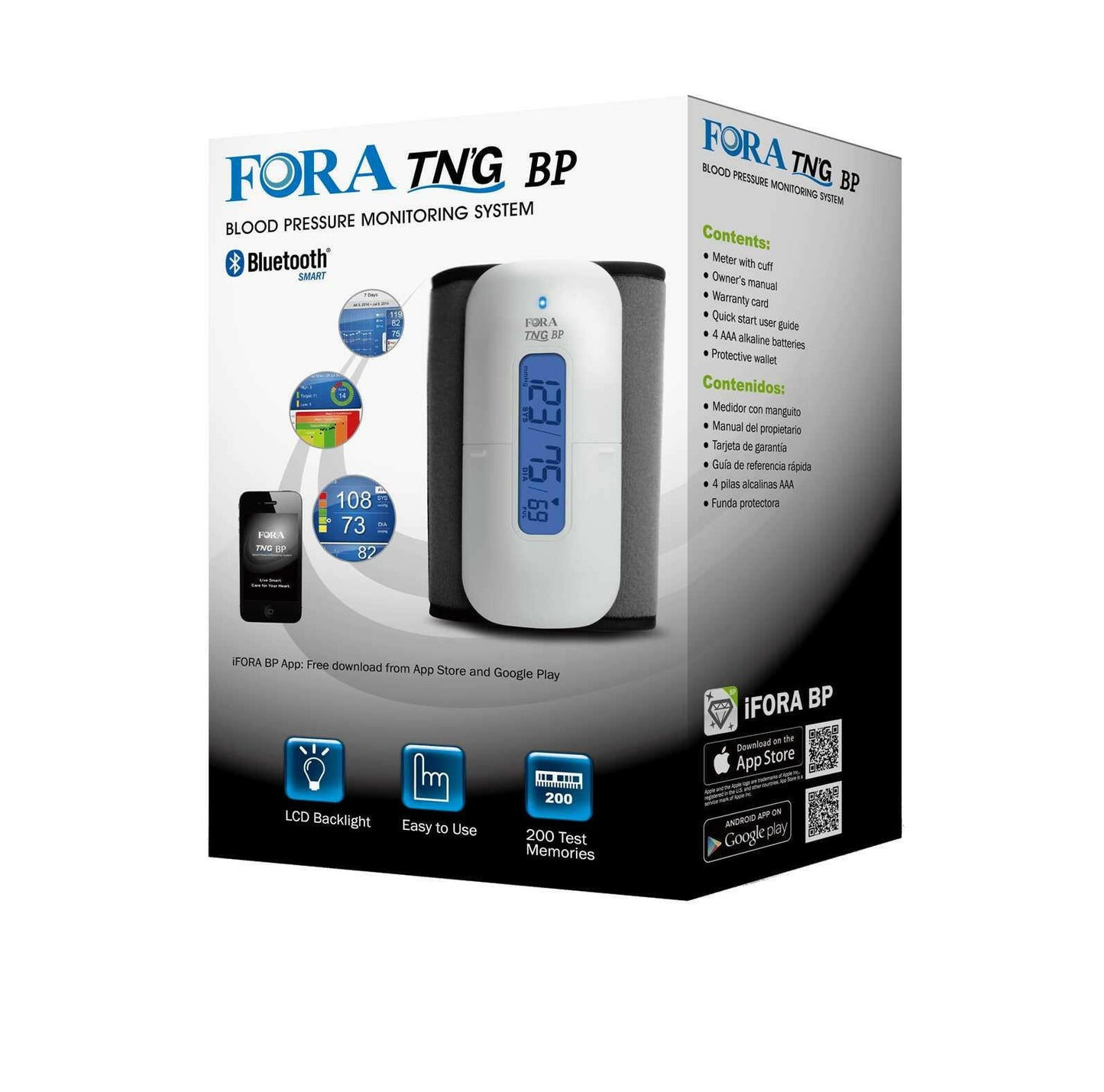 FORA TN’G BP Bluetooth blood pressure monitor retail box showing LCD backlight, 200 memory storage, and mobile app compatibility