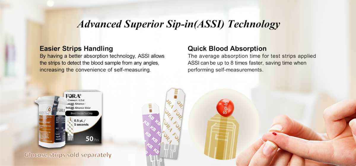 FORA blood glucose test strips with Advanced Superior Sip-in (ASSI) technology — easier strip handling and up to 8x faster blood absorption