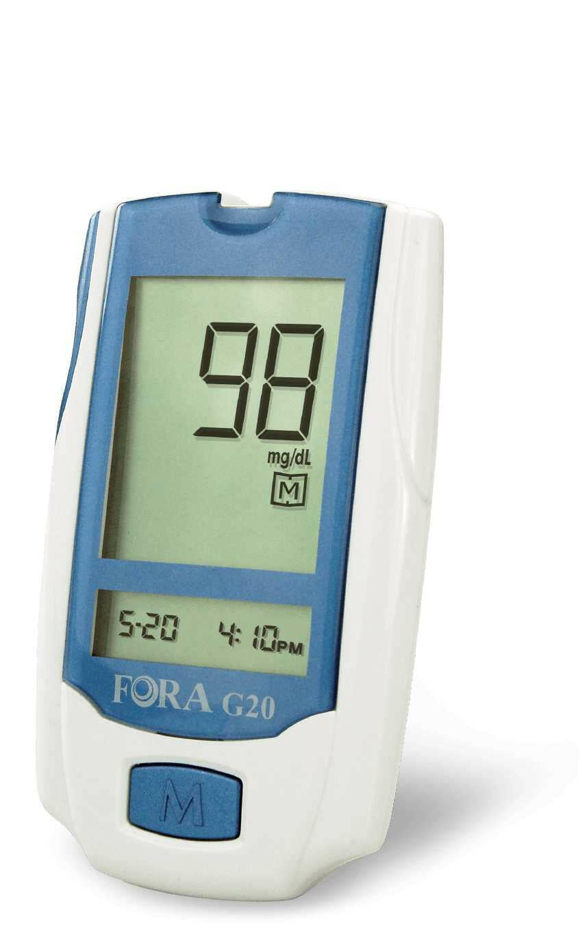 FORA G20 blood glucose meter displaying 98 mg/dL on LCD screen
