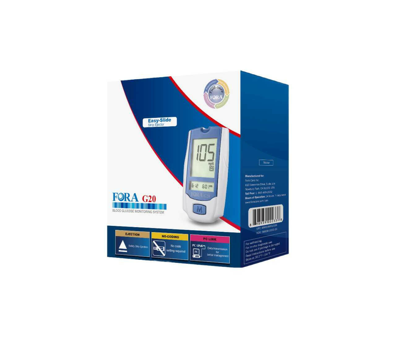 FORA G20 blood glucose monitoring system retail box with meter displaying 105 mg/dL