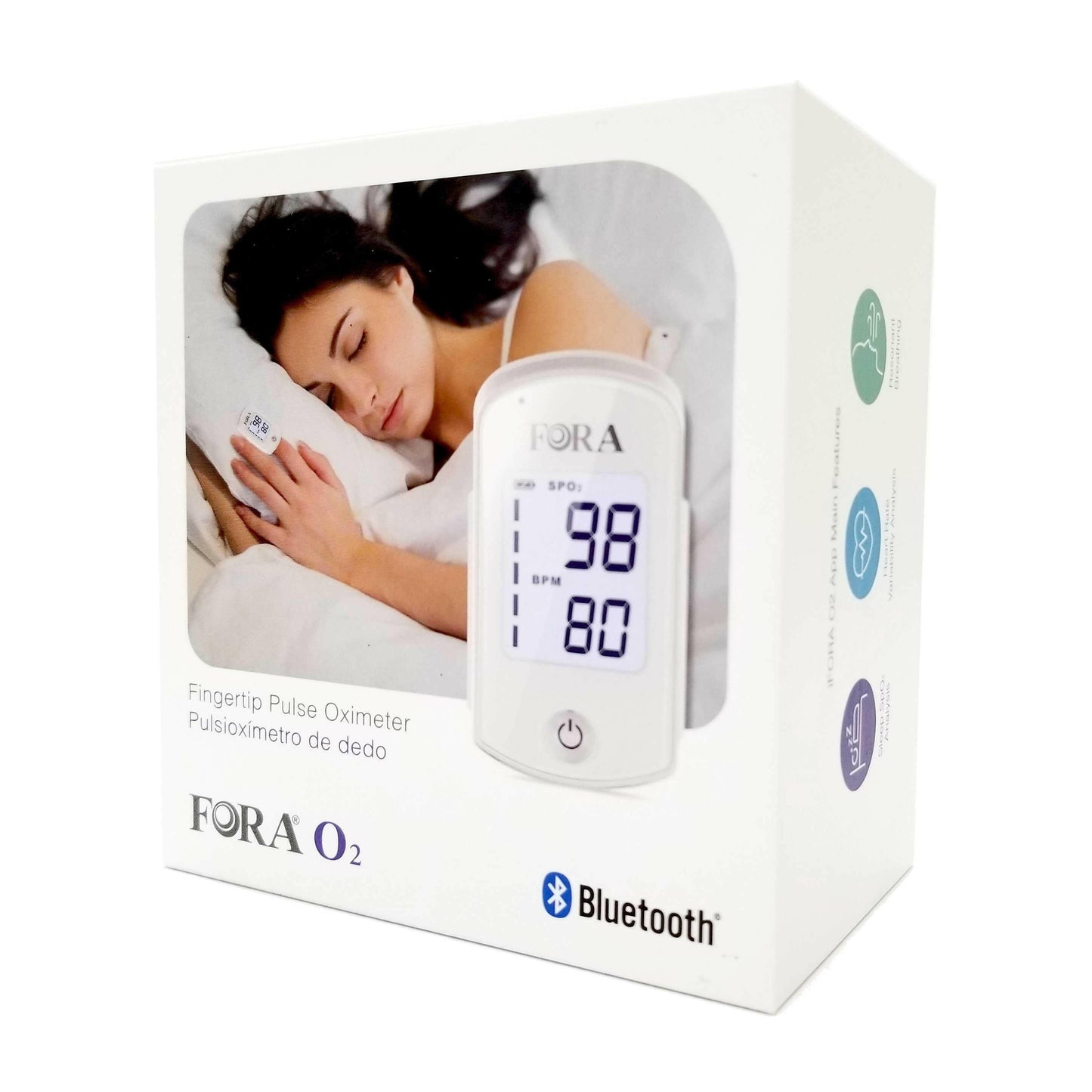Packaging of FORA O2 Bluetooth fingertip pulse oximeter for home sleep apnea monitoring, showing a woman sleeping with the device and the LCD reading 98% SpO₂ and 80 BPM.