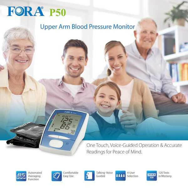 FORA P50 talking upper arm blood pressure monitor lifestyle image, showing a smiling family together with the device and cuff, symbolizing home health monitoring and peace of mind.