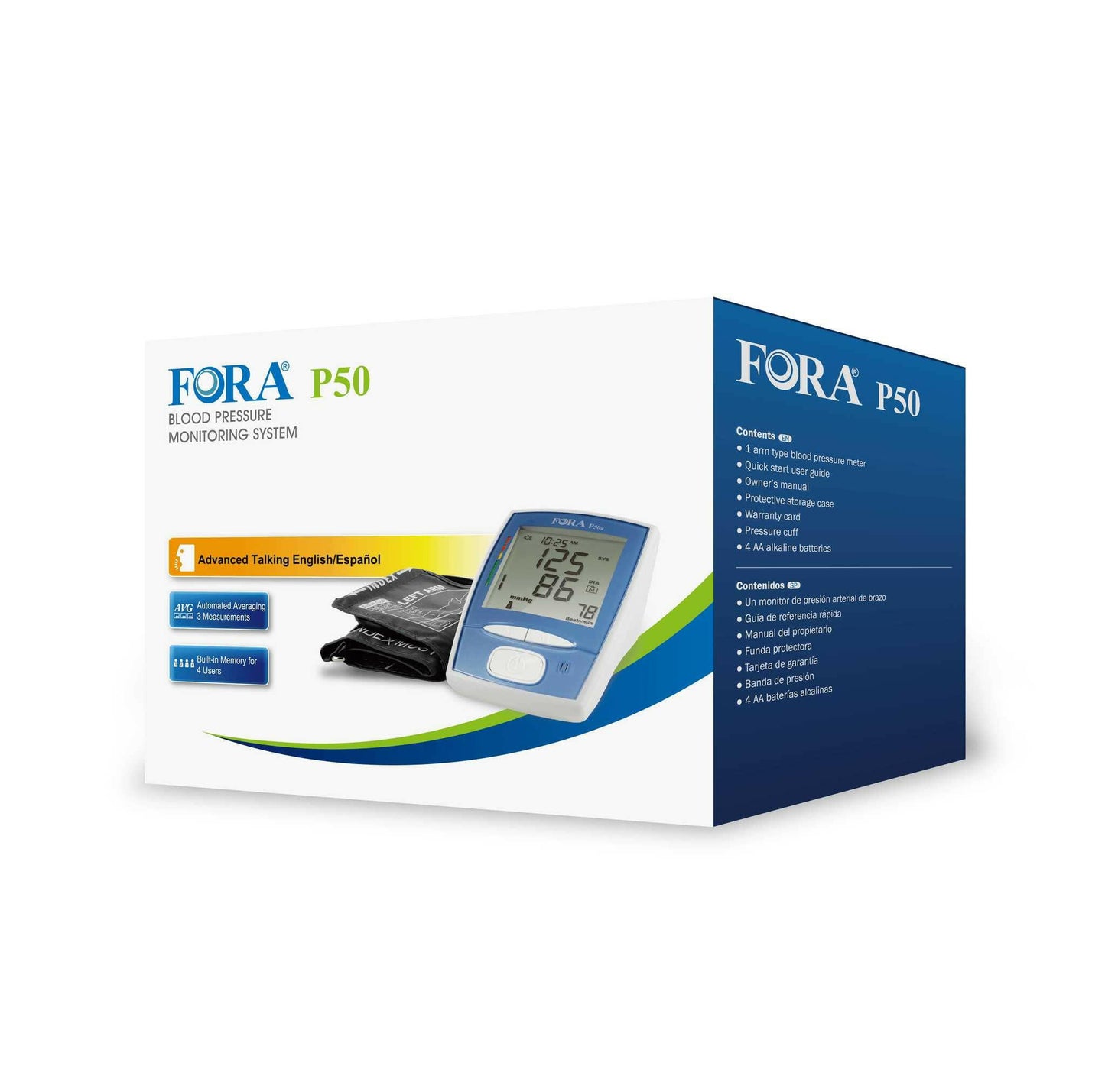 Packaging of FORA P50 talking blood pressure monitor with voice guidance, wide-range cuff