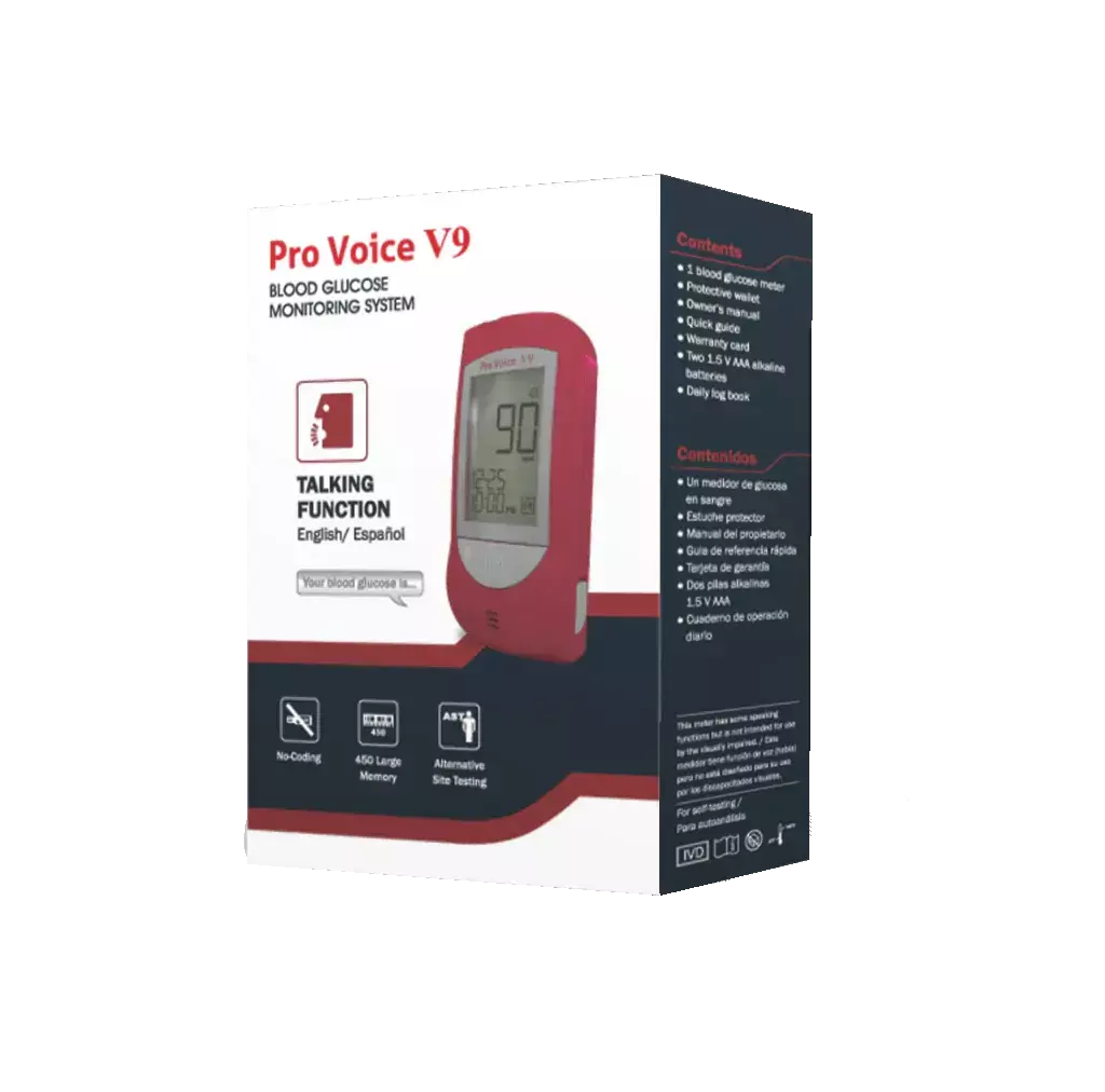 Retail packaging of FORA Pro Voice V9 talking blood glucose meter, highlighting features such as audible results, alternative site testing, no coding, and large memory capacity.