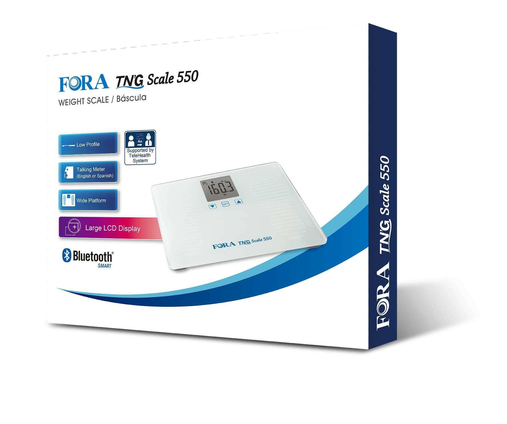 FORA TN'G Scale 550 Bluetooth weight scale packaging, 550 lb capacity, large LCD display, wide platform, talking meter in English or Spanish
