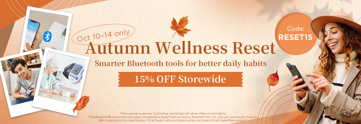 Autumn Wellness Reset promotion banner: Oct 10–14 only, 15% OFF Storewide with code RESET15. Tagline: Smarter Bluetooth tools for better daily habits. Design includes fall leaves, a smiling woman using a smartphone, and product lifestyle photos of FORA health monitoring devices.