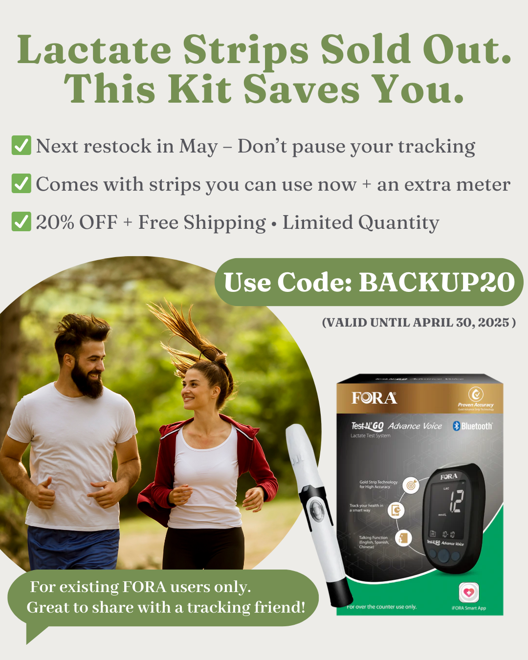 【Limited Stock – Lactate Strips Sold Out!】FORA Test N'GO Advance Voice Lactate Testing Kit (10 Strips, 10 Lancets) Exp. 05/22/2025