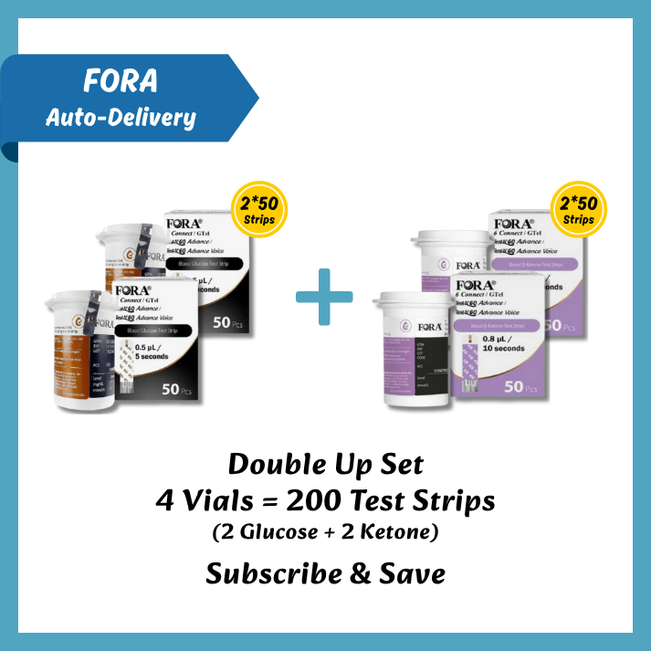 【FORA Subscription】Glucose Strips (100 strips) + Ketone Strips (100 strips)  (Total 200 strips) – Compatible with 6Connect & Test N'Go Advance Meters