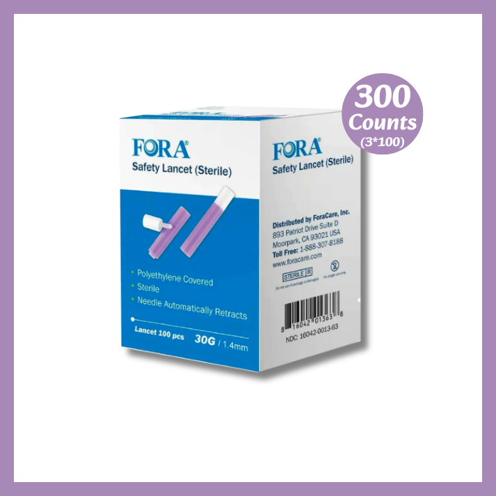 Single retail box of FORA Safety Lancet 30G, labeled 300 counts (3 boxes of 100), showing purple lancet image on blue and white packaging.