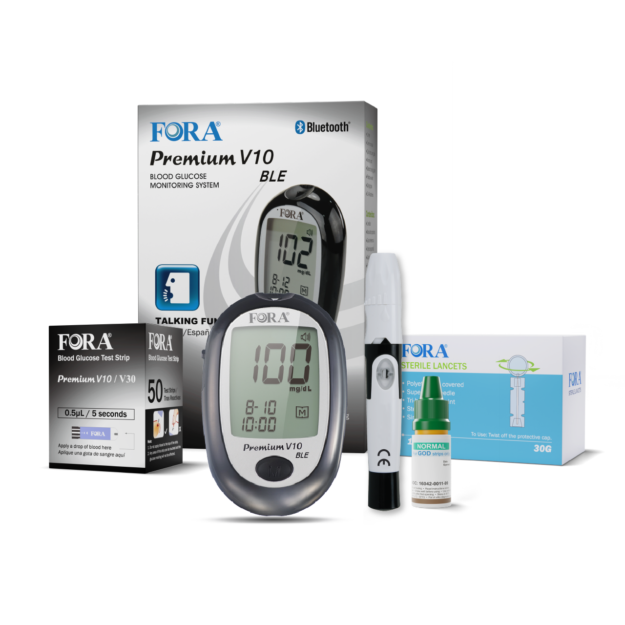 FORA Premium V10 Bluetooth Glucose Kit with built-in voice function, Bluetooth connectivity, test strips, lancing device, sterile lancets, and control solution. Compact, accurate, and designed for effortless daily blood glucose management.