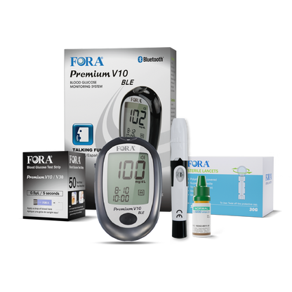 FORA Premium V10 Bluetooth Glucose Kit with built-in voice function, Bluetooth connectivity, test strips, lancing device, sterile lancets, and control solution. Compact, accurate, and designed for effortless daily blood glucose management.