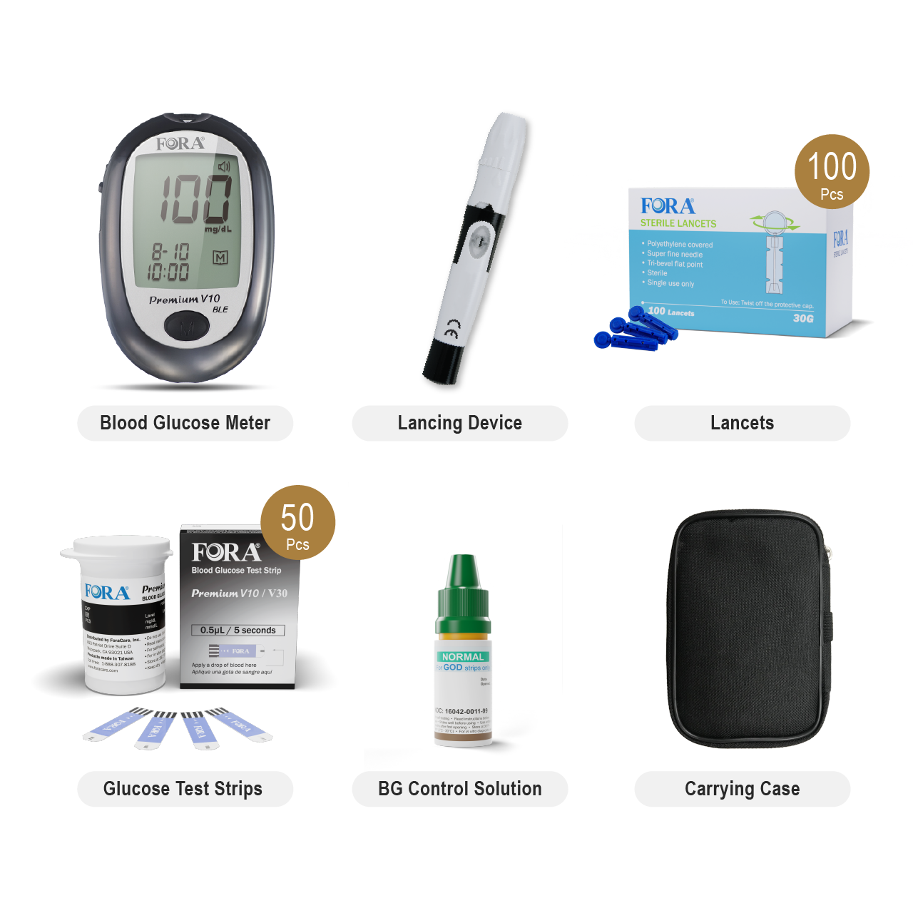FORA Premium V10 Bluetooth Glucose Kit accessories featuring meter with voice function, 50 test strips, 100 sterile lancets, lancing device, GOD control solution, and carrying case. All-in-one set for smart and accurate blood glucose monitoring anywhere.
