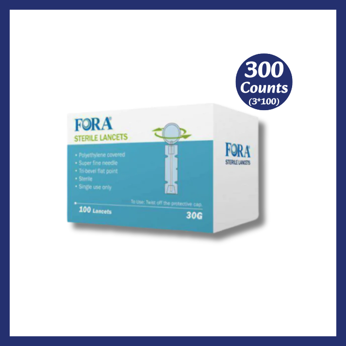 FORA sterile lancets, 300 lancets (3 packs of 100), 30G, polyethylene covered, super fine needle, tri-bevel point, sterile and single use