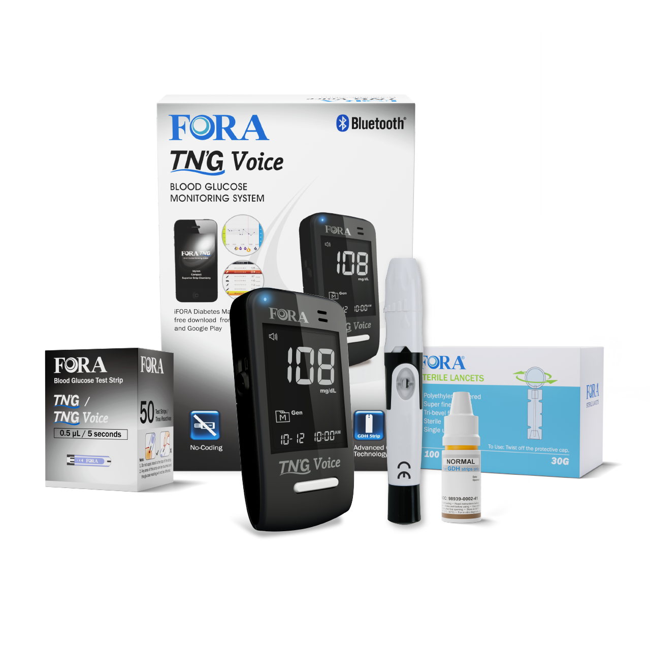 FORA TN’G Voice Bluetooth Glucose Monitoring Kit with talking blood glucose meter, test strips, lancing device, and control solution for accurate management.