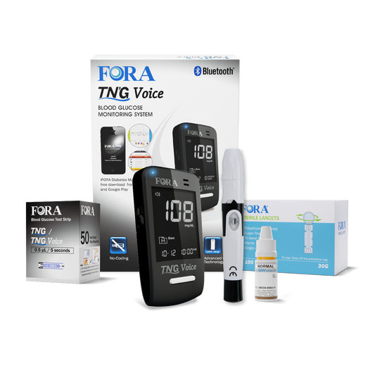 FORA TN’G Voice Bluetooth Glucose Monitoring Kit with talking blood glucose meter, test strips, lancing device, and control solution for accurate management.