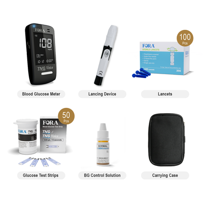 FORA TN’G Voice Bluetooth Glucose Kit contents — includes blood glucose meter, lancing device, 50 test strips, 100 lancets, control solution, and carrying case for complete diabetes monitoring.