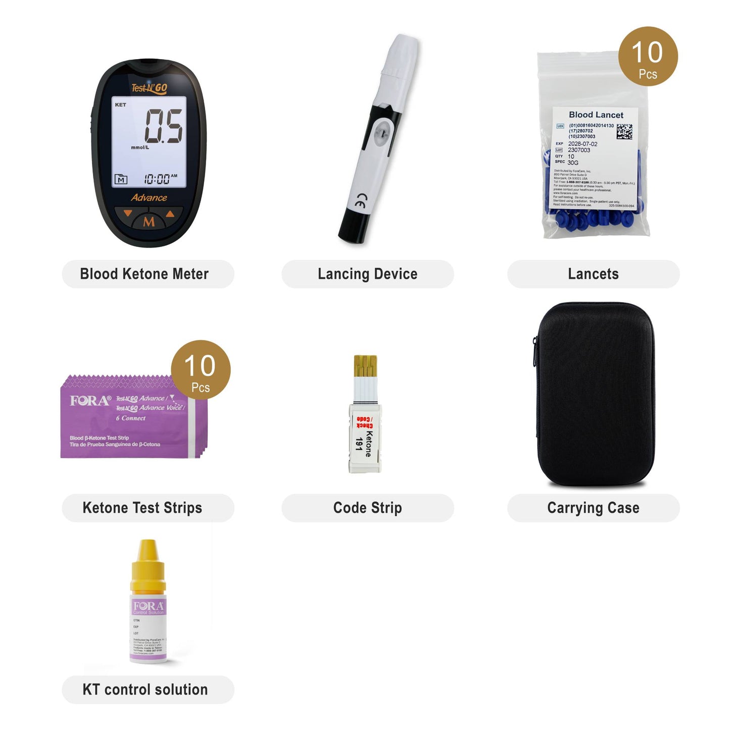FORA Test N'GO Advance Ketone Kit contents: blood ketone meter, 10 ketone test strips, lancing device, 10 lancets, code strip, KT control solution, carrying case