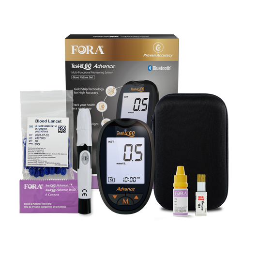 FORA Test N'GO Advance Ketone Kit (Standard) full kit: Bluetooth meter, 10 ketone test strips, lancing device, 10 lancets, code strip, control solution, carrying case and box packaging