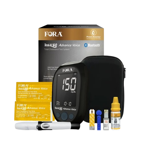 FORA Test N'GO Advance Voice Cholesterol Kit, including a cholesterol meter with voice guidance, Bluetooth connectivity, 10 total cholesterol test strips, 10 lancets, a lancing device, and a travel case with batteries.