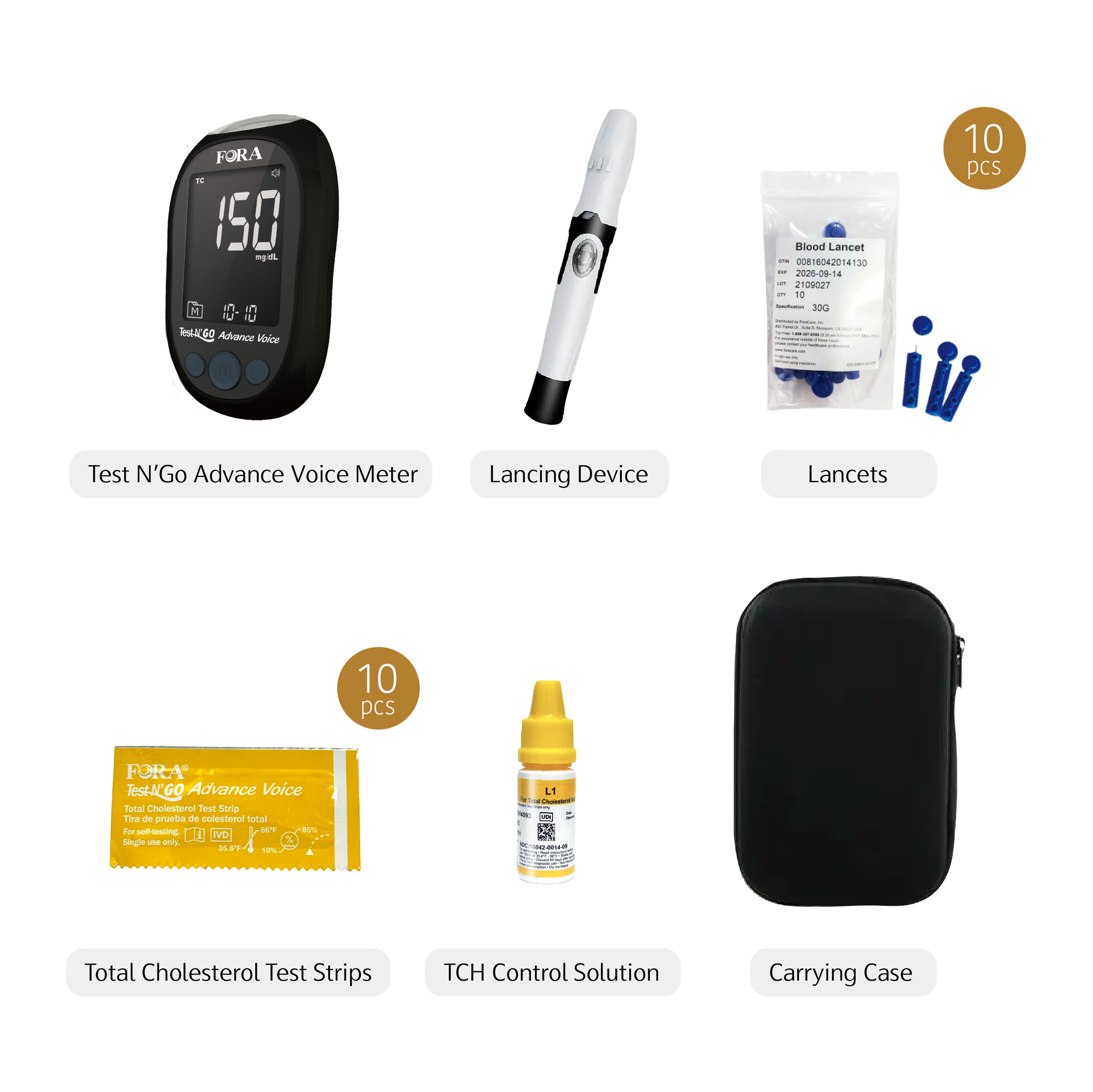 Package contents of the FORA Test N’GO Advance Voice Cholesterol Test Kit, including the voice-guided meter, test strips, lancets, lancing device, control solution, and carrying case.