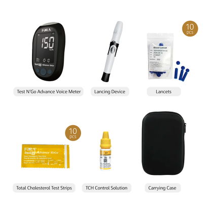 Package contents of the FORA Test N’GO Advance Voice Cholesterol Test Kit, including the voice-guided meter, test strips, lancets, and carrying case.